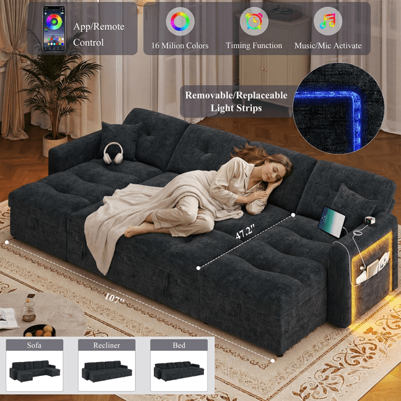 Homfa 107" Sleeper Sofa Bed with Pull Out Couch, Adjustable Backrest Convertible Sofa Bed with Storage Chaise Couch & USB Port, 6 Seat U Shape Sofa Couch with Chaise for Living Room Apartment