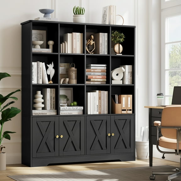 Homfa 12 Cube Double Wide Bookcase with Doors, 3 Tier Library Cabinet & Bookshelves for Home Office Living Room, Black