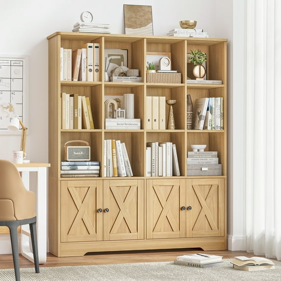 Homfa 12 Cube Double Wide Bookcase with Doors, 3 Tier Library Cabinet & Bookshelves for Home Office Living Room, Natural