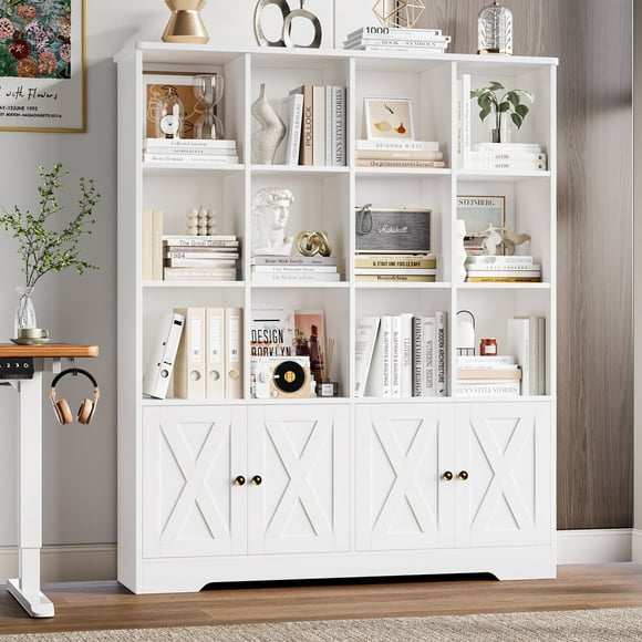 Homfa 12 Cube Double Wide Bookcase with Doors, 3 Tier Library Cabinet & Bookshelves for Home Office Living Room, White