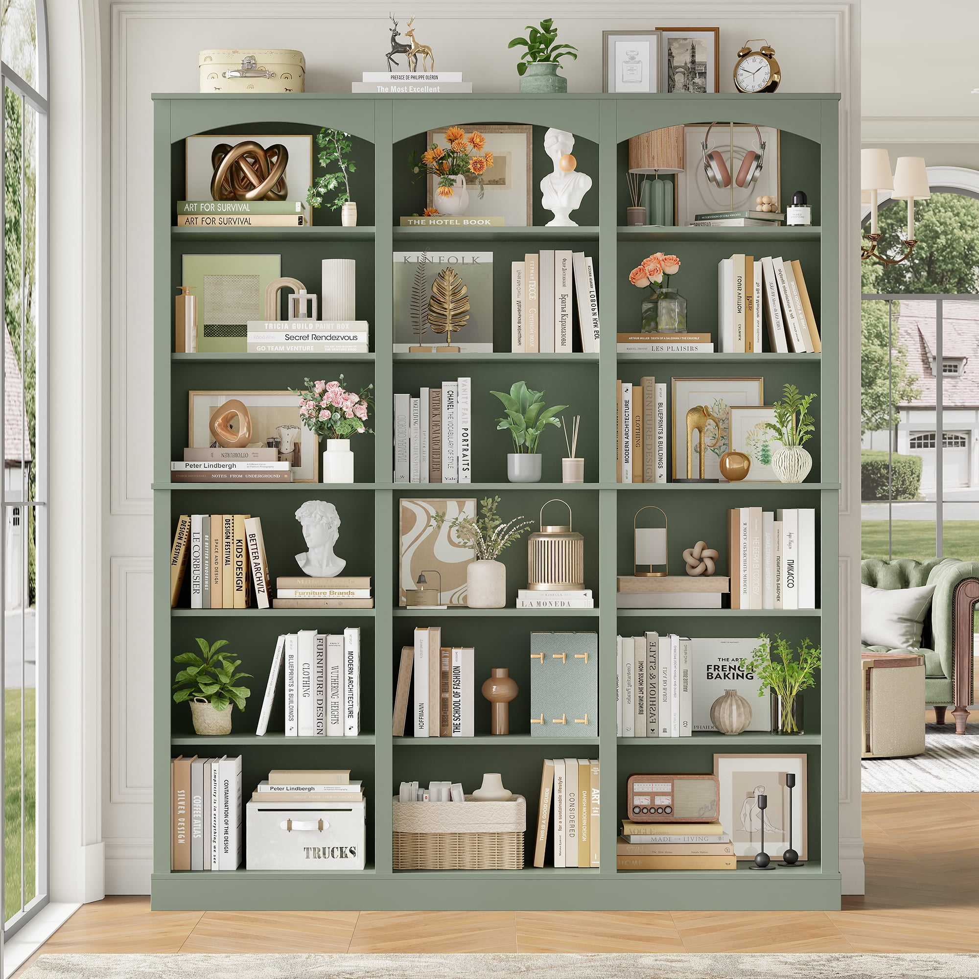 Homfa 18-Cube Bookcase and Bookshelves, 71.2" Triple Width 6-Tier Freestanding Arch Library Cabinet for Home Office Living Room, Green