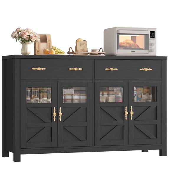 Homfa Buffet Cabinet with 2 Large Drawers & Glass Doors, 55.1” W Kitchen Sideboard Storage Cabinet with Adjustable Shelves, Buffet Table Dining Room Cabinet, Black