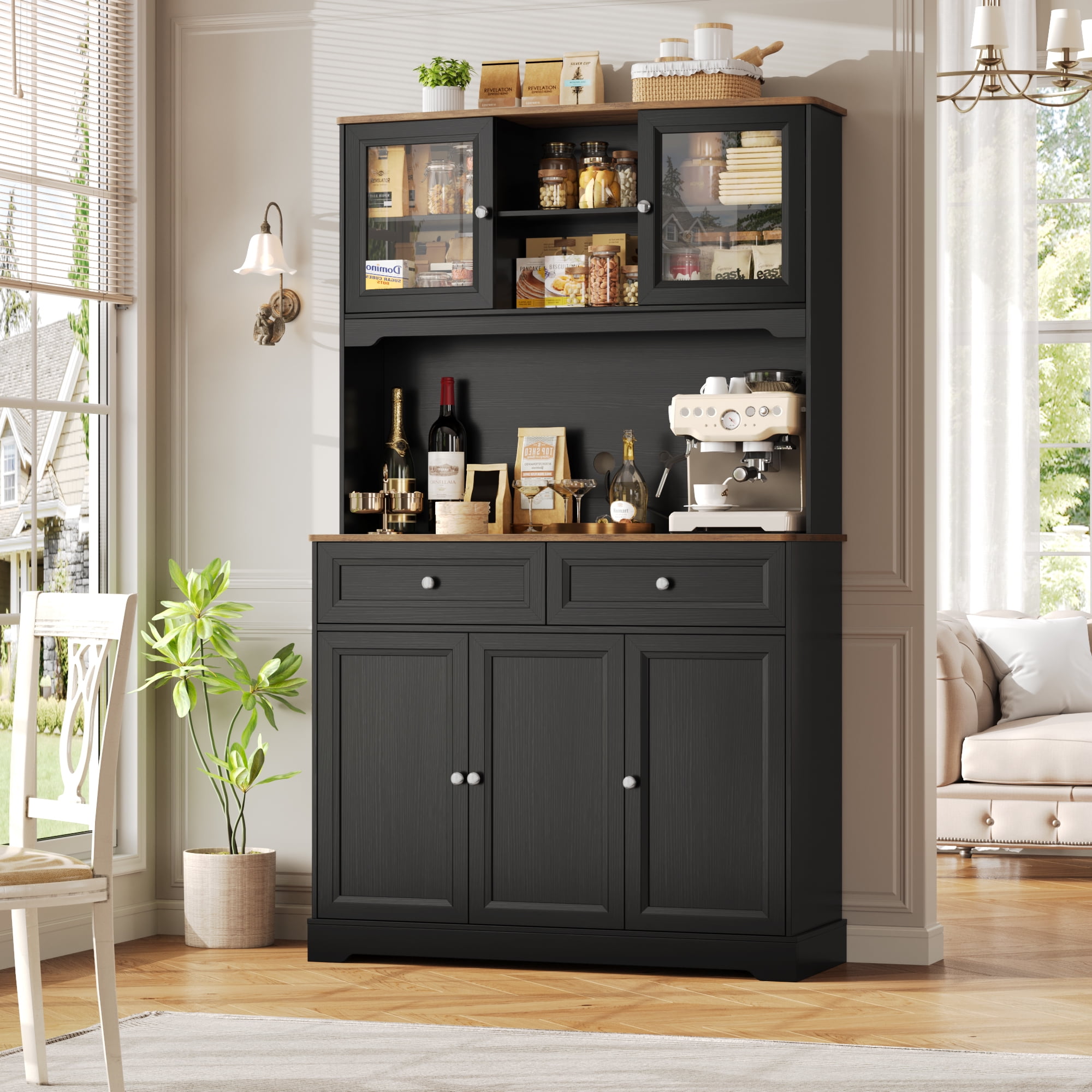 Homfa 2 Drawer Kitchen Pantry Buffet Hutch, 71'' Freestanding Cupboard Storage Cabinet with Adjustable Shelves, Black