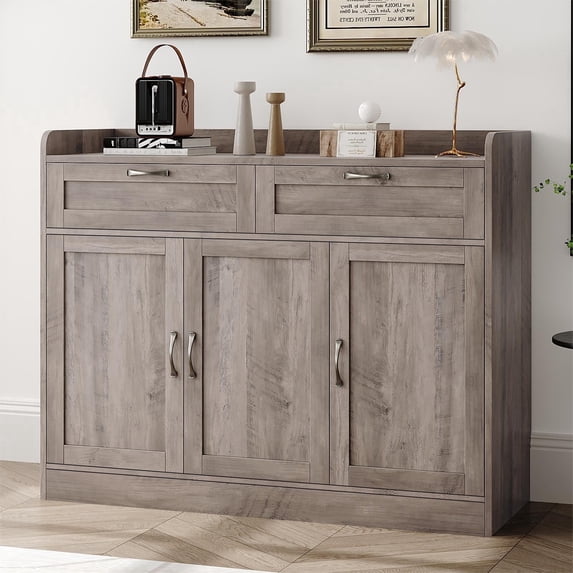 Homfa 2 Drawers Kitchen Sideboard Buffet Cabinet, 3 Door Wood Storage Cabinet with Adjustable Shelf for Dining Room, Gray
