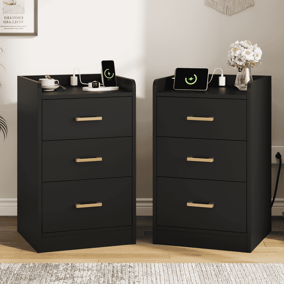 Homfa 2 Pcs Nightstand for Bedroom, Storage Cabinet with Charging Station and 3 Drawers, Modern Sofa Table for Living Room, Black