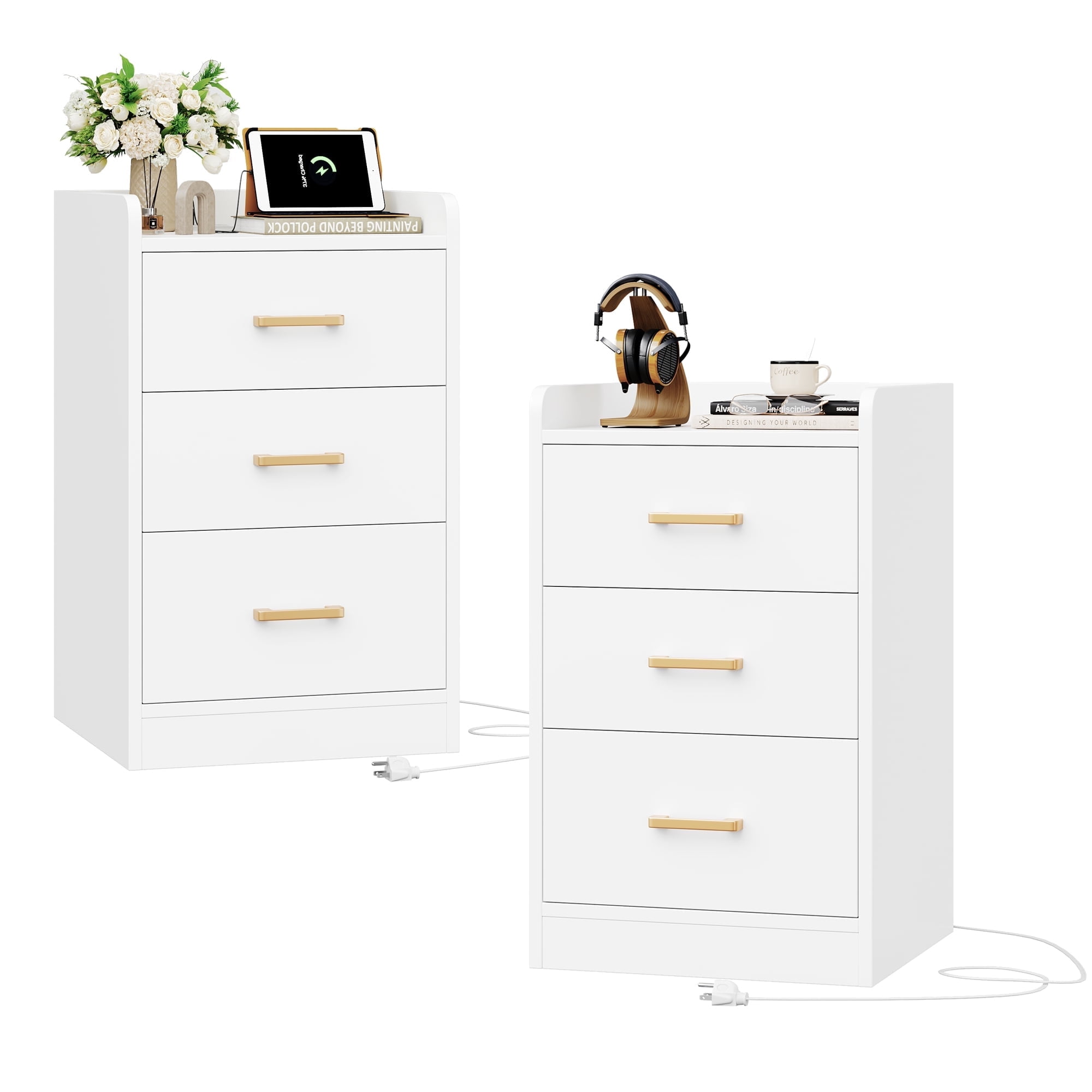 Homfa 2 Pcs White Nightstand for Bedroom, Storage Cabinet with Charging Station and 3 Drawers, Modern Sofa Table for Living Room