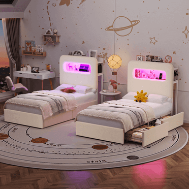 Homfa 2 Piece Twin Size Beds LED Bed Frame with Storage Headboard & USB Ports & Outlets, Velvet Upholstered Platform Bed Frame with 2 Drawers, Beige