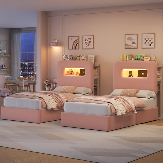 Homfa 2 Piece Twin Size Beds LED Bed Frame with Storage Headboard & USB Ports & Outlets, Velvet Upholstered Platform Bed Frame with 2 Drawers, Pink