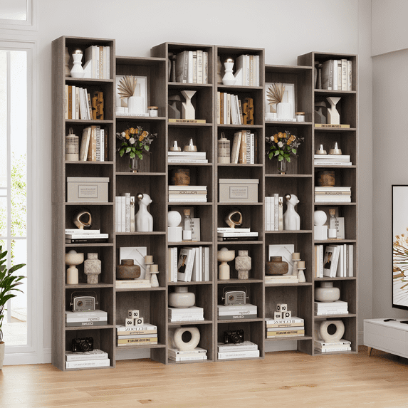 Homfa 2 Pieces Bookshelves, 71’’ Tall Three Row Bookshelf with Adjustable Shelves, 21-Cubes CD Display Storage Organizer Shelf for Living Room Home Office, Oak