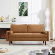 Homfa 2 Seat Leather Sofa with 2 Pillow, 57.5" Mid-Century Modern Loveseat Sofa Upholstered Tufted Couch Small Spaces Furniture for Living Room, Camel