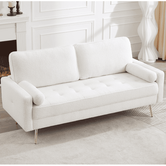 Homfa 2 Seater Boucle Fabirc Sofa with 2 Pillow, Mid-Century Modern Loveseat Sofa Couch Sherpa Upholstery Small Spaces Furniture for Living Room, Beige