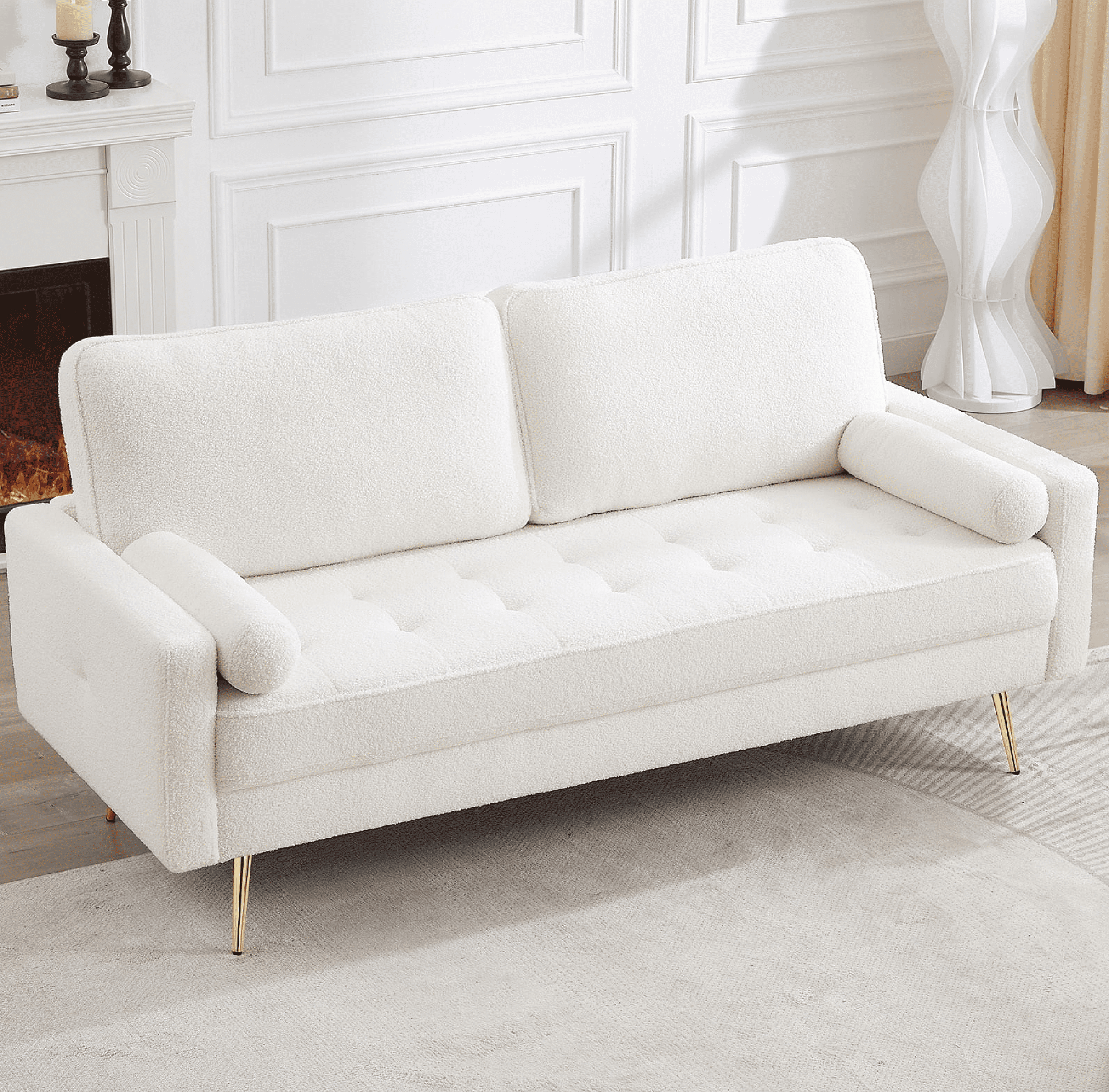 Homfa 2 Seater Boucle Fabirc Sofa with 2 Pillow, Mid-Century Modern Loveseat Sofa Couch Sherpa Upholstery Small Spaces Furniture for Living Room, Beige