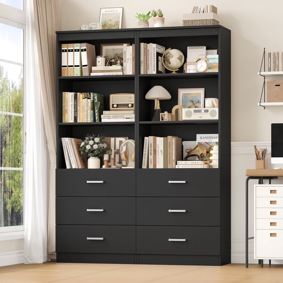 Homfa 2 Set of Black Bookcases with 3 Drawers, 71"H 3 Tier Wooden Storage Bookshelf for Living Room Home Office