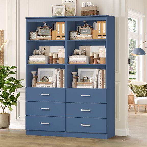 Homfa 2 Set of Blue Bookcases, 71" Tall Bookcase with 3 Drawers, 3 Tier Wooden Bookshelf for Living Room Home Office