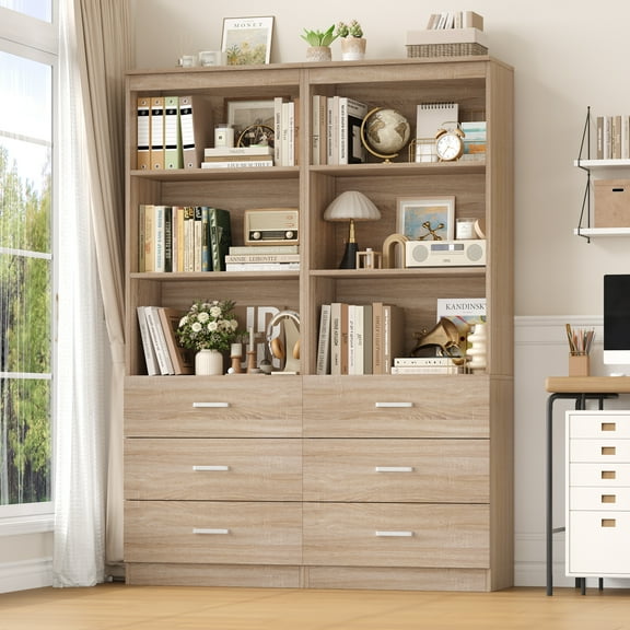 Homfa 2 Set of Bookcases with 3 Drawers, 71"H 3 Tier Wooden Storage Bookshelf for Living Room Home Office, Oak