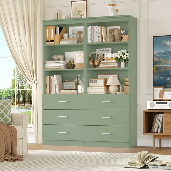 Homfa 2 Set of Green Bookcases, 71" Tall Bookcase with 3 Drawers, 3 Tier Wooden Bookshelf for Living Room Home Office