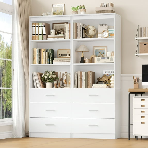 Homfa 2 Set of White Bookcases with 3 Drawers, 71"H 3 Tier Wooden Storage Bookshelf for Living Room Home Office
