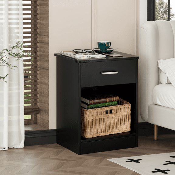 Homfa Nightstand with Drawer,2 Tier Beside Table End Table,Modern Night Stand for Bedroom Living Room, Black