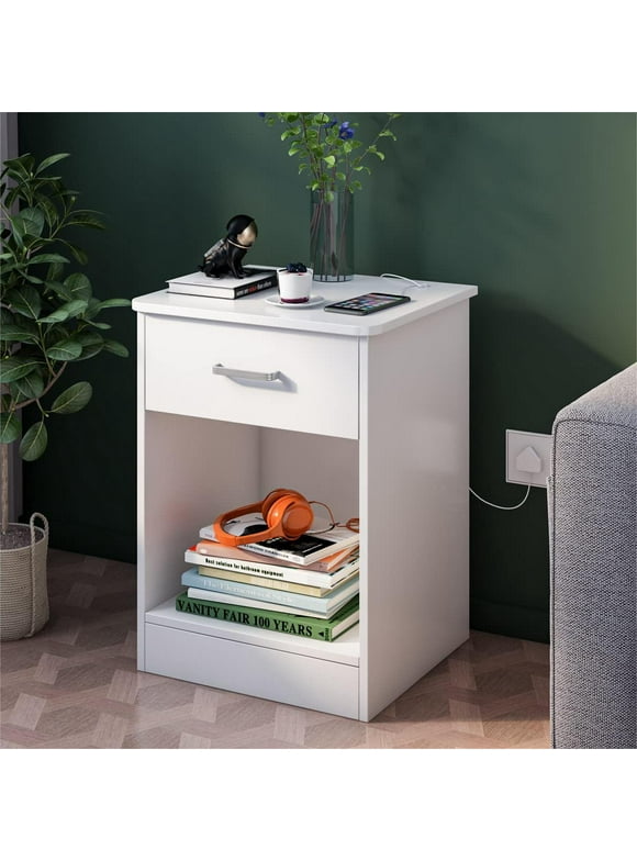 Homfa 2 Tier Nightstand with Drawer, End Table Sofa Side Table for Bedroom Living Room, White