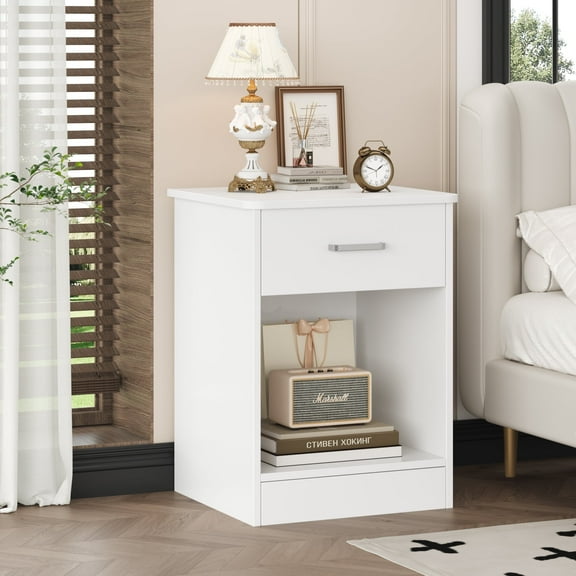 Homfa Nightstand with Drawer，2 Tier Beside Table End Table，Modern Night Stand for Bedroom Living Room, White