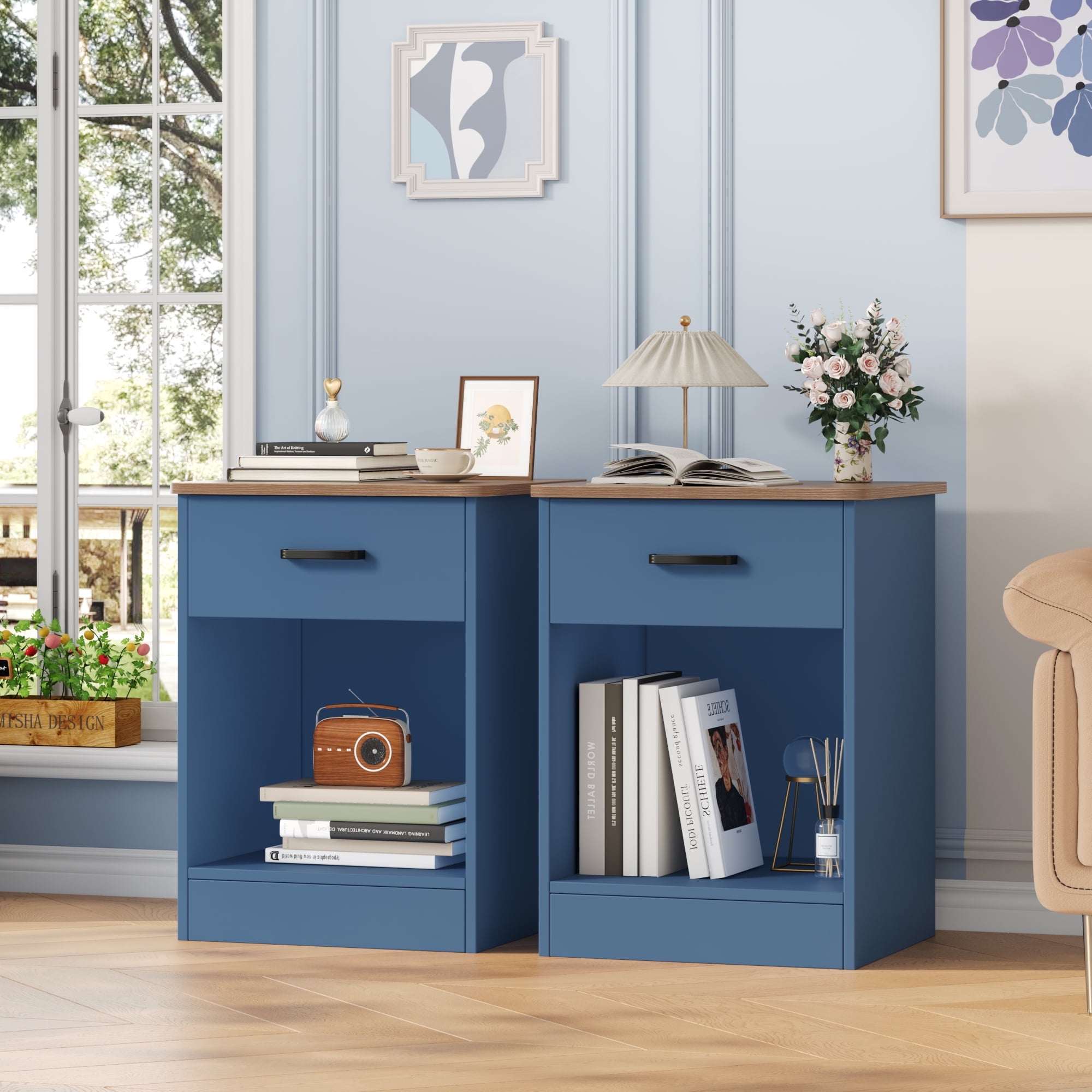 Homfa 2-Tier Nightstand with Drawer, Side Table for Bedroom Living Room Set of 2, Blue