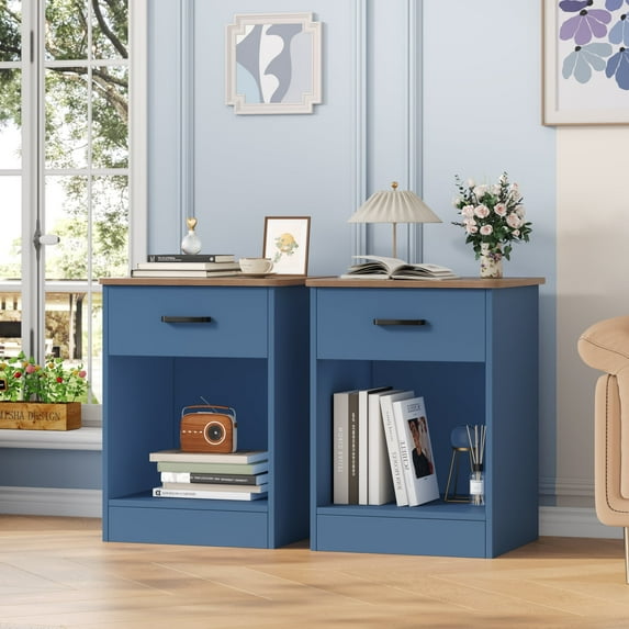 Homfa 2-Tier Nightstand with Drawer, Side Table for Bedroom Living Room Set of 2, Blue