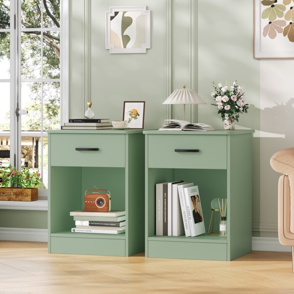 Homfa 2-Tier Nightstand with Drawer, Side Table for Bedroom Living Room Set of 2, Green