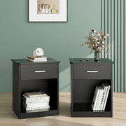 Homfa 2-Tier Nightstand with Drawer & Storage Shelf, Side End Table for Bedroom Living Room Set of 2, Black
