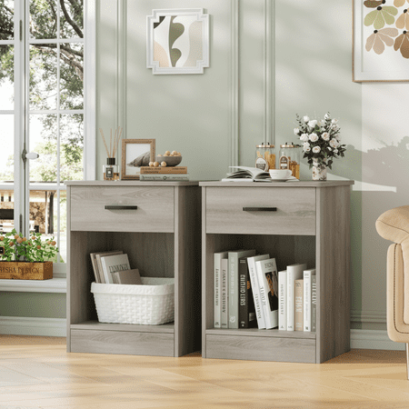 Homfa 2-Tier Nightstand with Drawer & Storage Shelf, Side End Table for Bedroom Living Room Set of 2, Gray