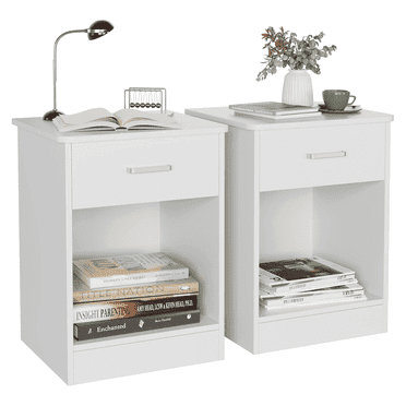 Homfa 2-Tier Nightstand with Drawer & Storage Shelf, Side End Table for Bedroom Living Room Set of 2, White