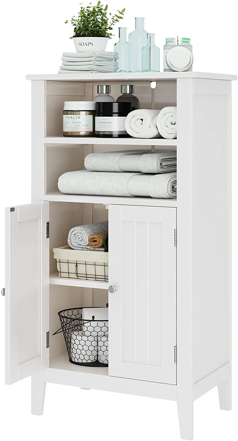 Homfa 2 Tier Shelves Bathroom Storage Cabinet, Wood Storage Floor Cabinet with 2 Doors, White - image 1 of 12