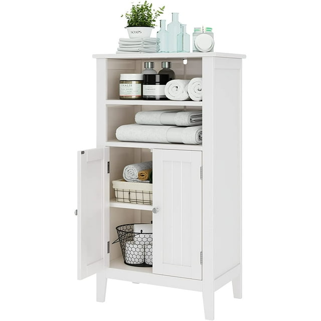 Homfa 2 Tier Shelves Bathroom Storage Cabinet, Wood Storage Floor Cabinet with 2 Doors, White