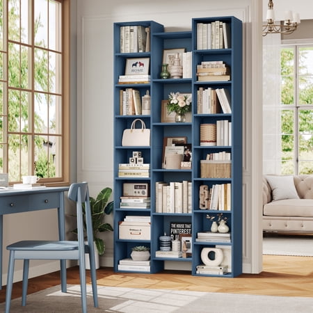 Homfa 21-Cube Bookcase, 71’’ Tall Wooden Bookshelves with Adjustable Shelves, Triple Wide CD Display Storage Organizer Shelf for Home Office, Blue