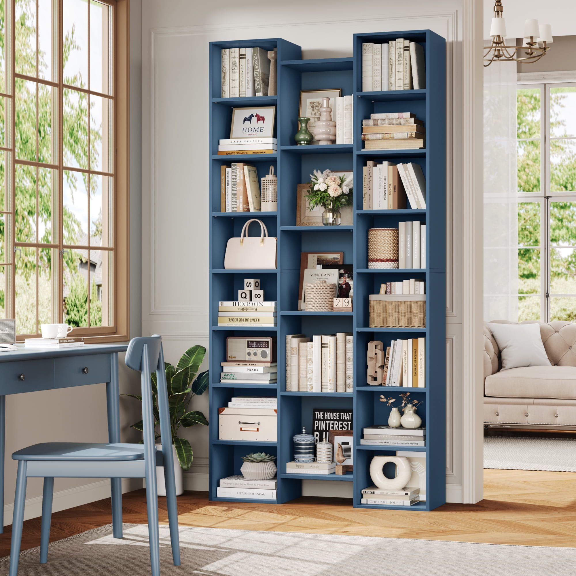 Homfa 21-Cube Bookcase, 71’’ Tall Wooden Bookshelves with Adjustable Shelves, Triple Wide CD Display Storage Organizer Shelf for Home Office, Blue