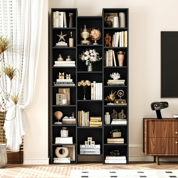 Homfa 21-Cube Bookcase and Bookshelves with Adjustable Shelves, 71.3'' Triple Width Open CD Display Storage Rack, Black