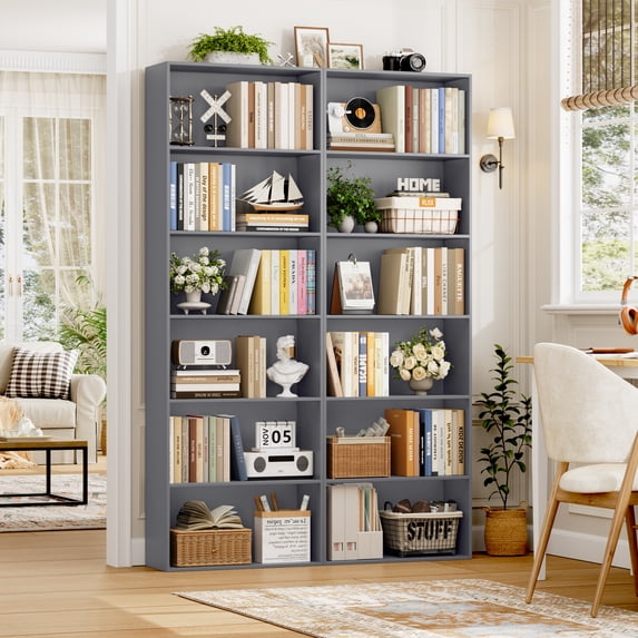 Homfa 2PCS 6-Tier Gray Bookshelf, 70.8 Inch Tall Wooden Bookcase Storage Shelving Unit, Freestanding Display Rack for Living Room Office Home
