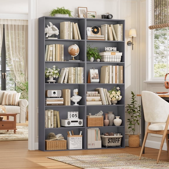 Homfa 2PCS 6-Tier Gray Bookshelf, 70.8 Inch Tall Wooden Bookcase Storage Shelving Unit, Freestanding Display Rack for Living Room Office Home