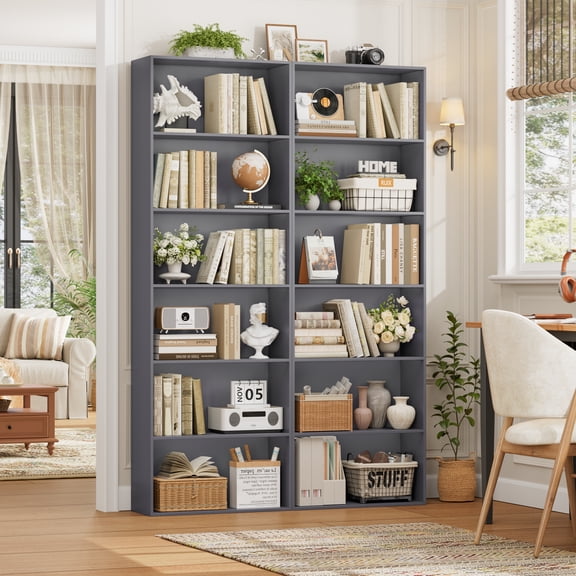 Homfa 2PCS 6-Tier Gray Bookshelf, 70.8 Inch Tall Wooden Bookcase Storage Shelving Unit, Freestanding Display Rack for Living Room Office Home