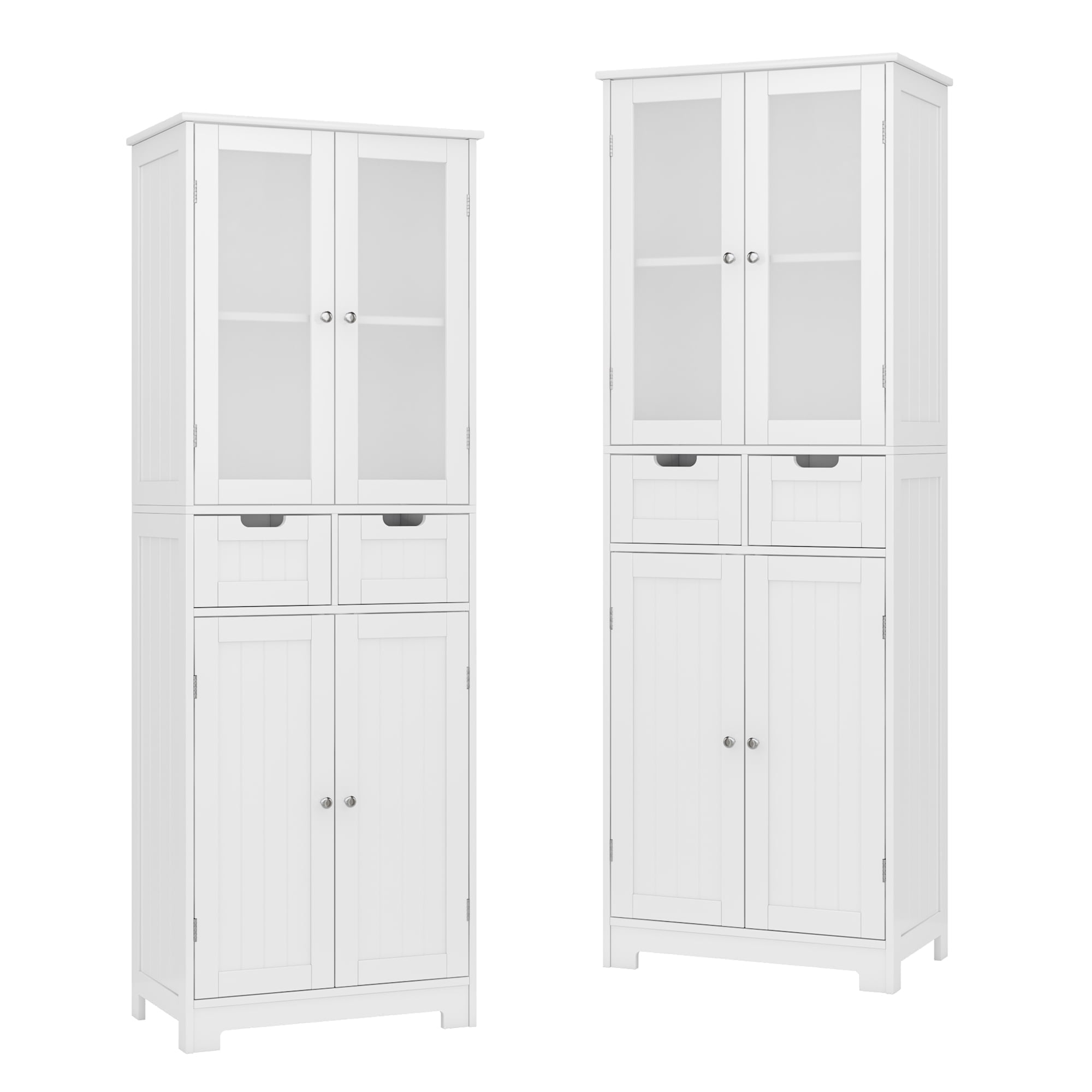 Homfa 2pcs Bathroom Cabinet with 4 Doors, 3-Tier Wood Tall Linen Storage Cabinet with 2 Drawers for Living Room Office, White