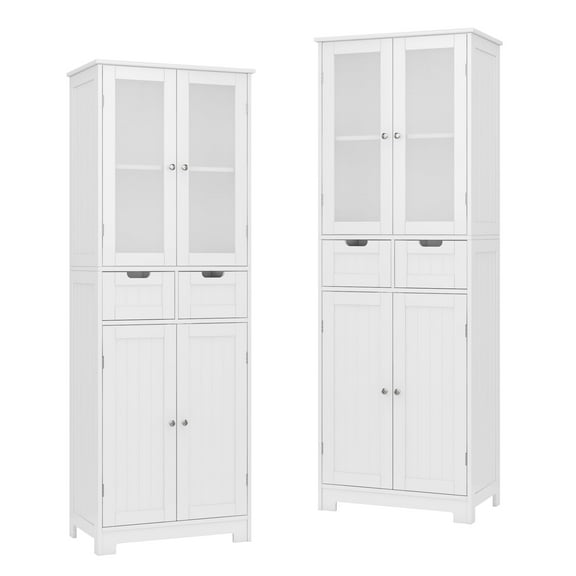 Homfa 2pcs Bathroom Cabinet with 4 Doors, 3-Tier Wood Tall Linen Storage Cabinet with 2 Drawers for Living Room Office, White