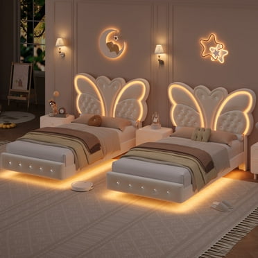 Homfa 2pcs Twin Size Bed Frame, Velvet Upholstered LED Bed, Floating Platform Bed Frame with Butterfly Crystal Button Tufted Headboard, Beige