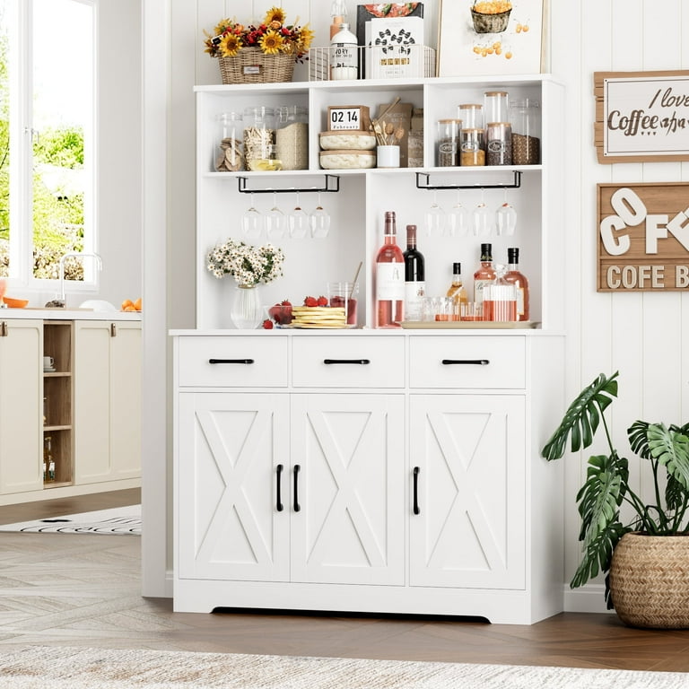 Homfa 60 Tall Kitchen Pantry with Hutch 3 Drawers Coffee Bar with 3 Doors Hutch Cabinet with Adjustable Shelf for Dining Room White