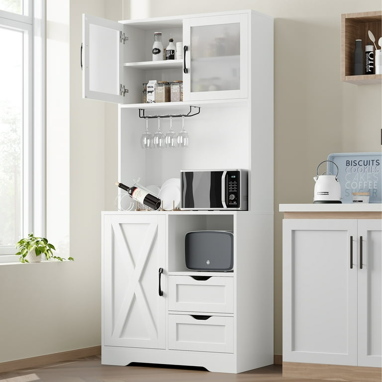 Homfa 3 Doors 2 Drawers Kitchen Pantry Storage Cabinet with Microwave Hutch 71 Wood Cupboard with Wine Rack Adjustable Shelves White