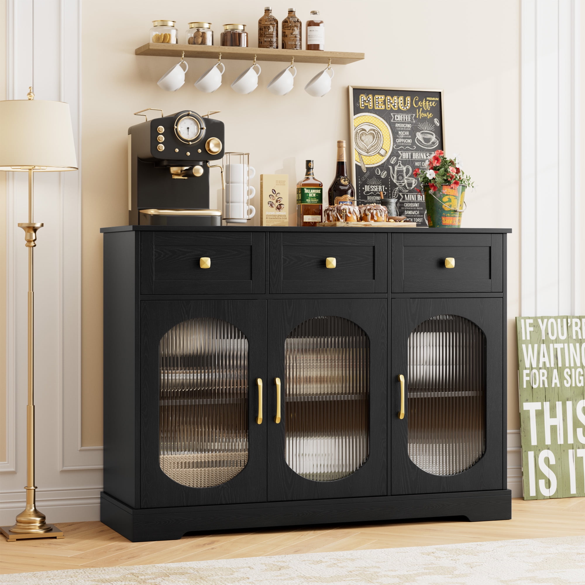 Homfa 3 Drawer Buffet Cabinet with 3 Curved Glass Doors 47.2 W Kitchen Sideboard with Adjustable Shelf Black