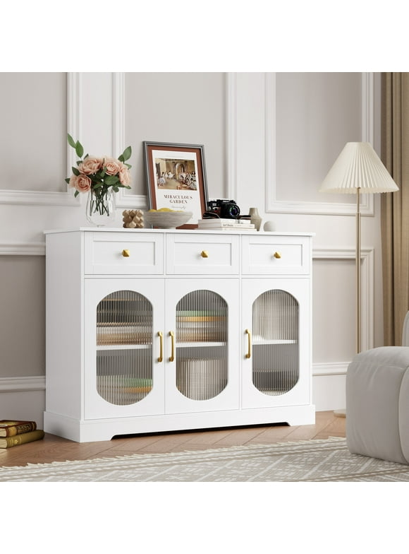 Homfa 3 Drawer Buffet Cabinet with 3 Curved Glass Doors, 47.2''W Kitchen Sideboard with Adjustable Shelf, White