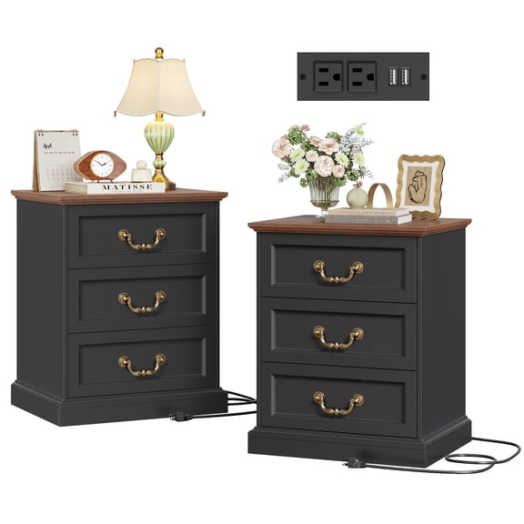 Homfa 3-Drawer Nightstands Set of 2, Bedroom Night Stand with Charge Station, Accent Sofa End Table for Living Room, Black