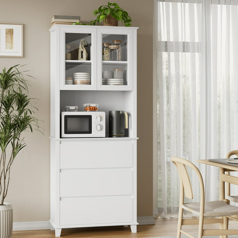 Homfa Tall Kitchen Pantry with 2 Glass Doors, Large Drawer Storage Cabinet  with Adjustable Shelves for Dining Room Living Room, White