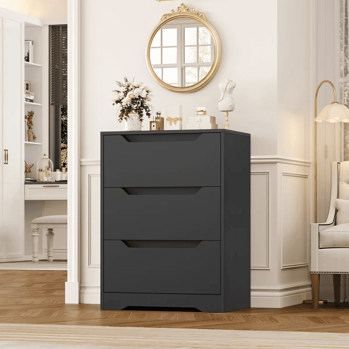 Homfa 3 Drawer Dresser, 23.6”W Nightstand, Wood Chest of Drawer with Cutout Handles for Bedroom Living Room，Black