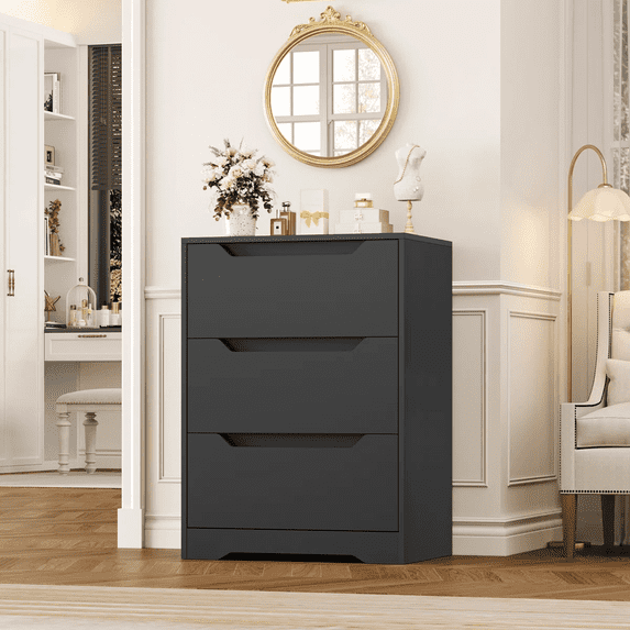 Homfa 3 Drawer Dresser, 23.6”W Nightstand, Wood Chest of Drawer with Cutout Handles for Bedroom Living Room,Black