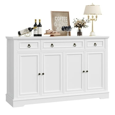 Homfa 53.5”W Buffet Cabinet with 3 Drawers and 4 Doors, Sideboard Storage Cabinet with Recessed Frame Lines and Adjustable Shelf for Kitchen Dining Room, White